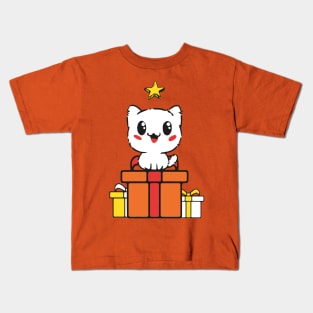 Cute Cat on Christmas gift looking at a star Kids T-Shirt